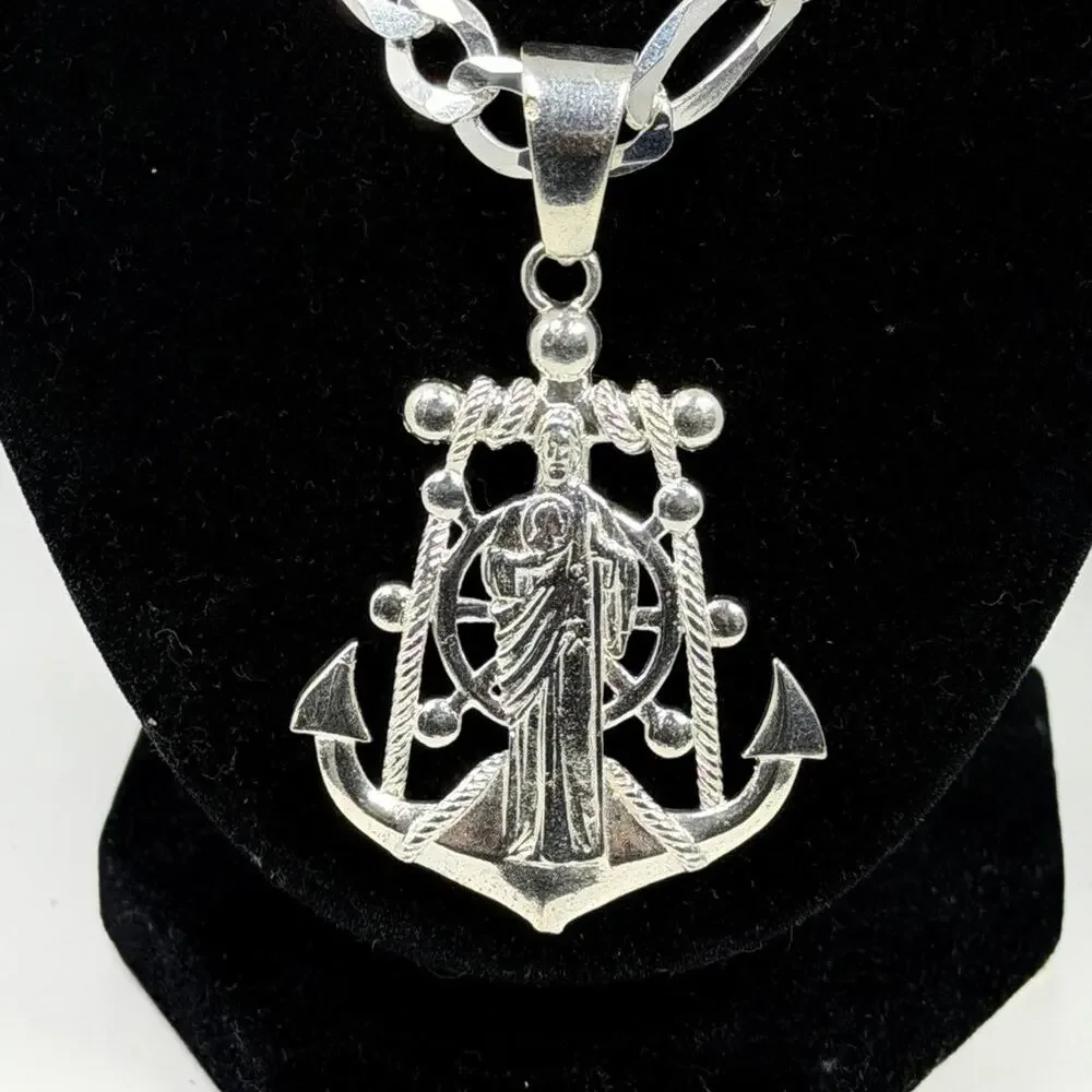 925 Sterling Silver Saint Jude Anchor Pendant Necklace 23 Inch 8.6mm Figaro